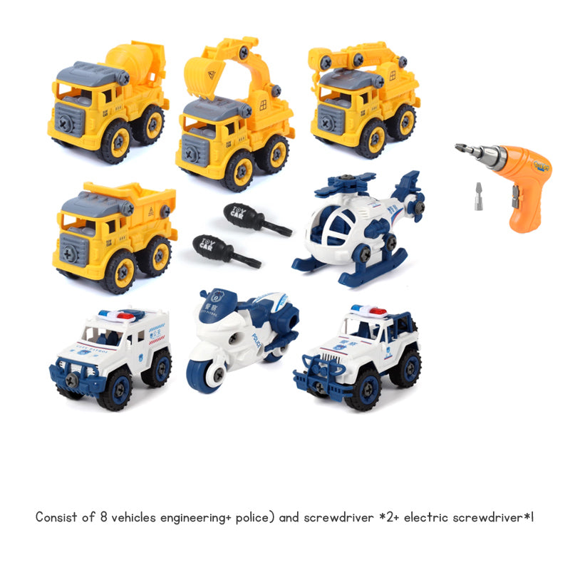 Children's Disassembly and Assembly Toy Car with Electric Screwdriver Screw Toy Engineering Vehicles Fire Trucks Police