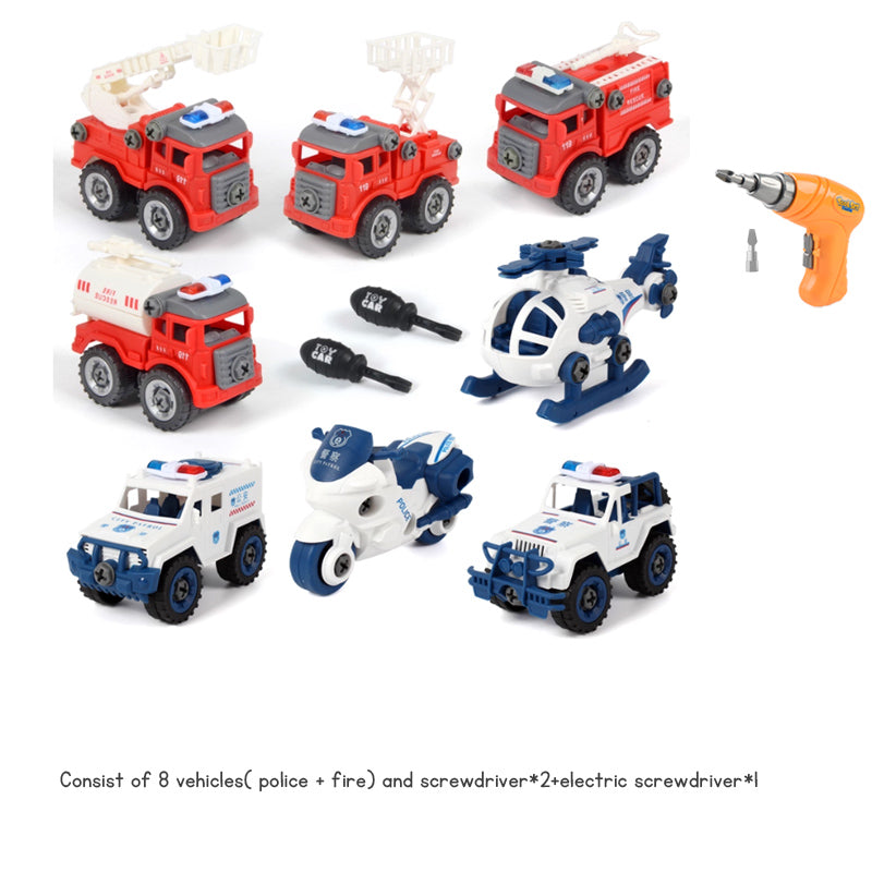 Children's Disassembly and Assembly Toy Car with Electric Screwdriver Screw Toy Engineering Vehicles Fire Trucks Police