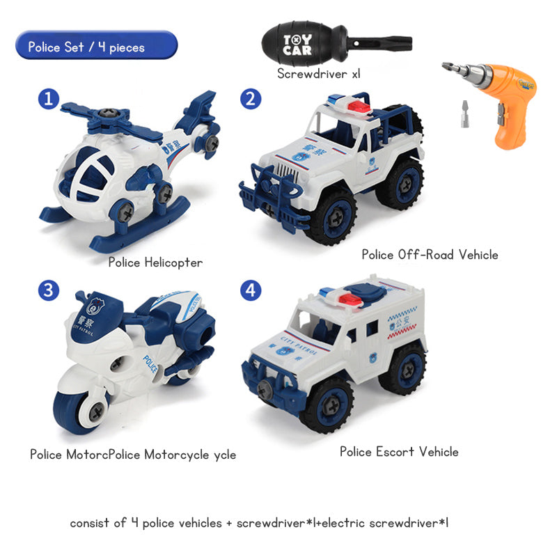 Children's Disassembly and Assembly Toy Car with Electric Screwdriver Screw Toy Engineering Vehicles Fire Trucks Police