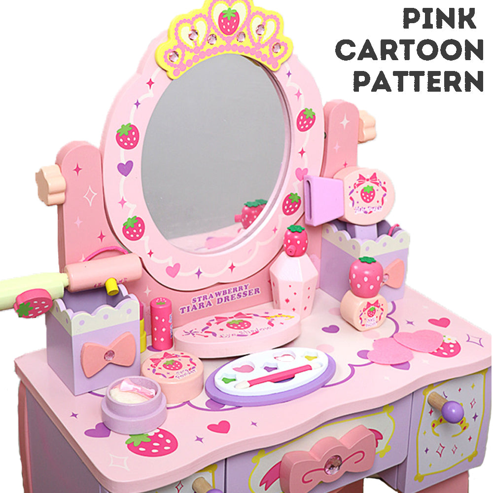 Kids Wooden Dressing Table & Chair Set – Pretend Play Vanity with Mirror & Drawer for Girls