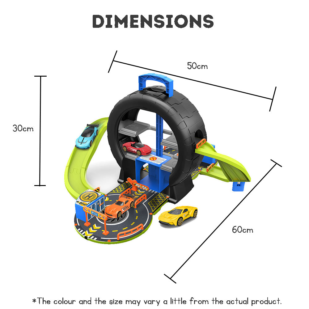 Kids Tire Track Parking Lot Toy – Car Playset with Manual Elevator | Portable Birthday Gift for Boys