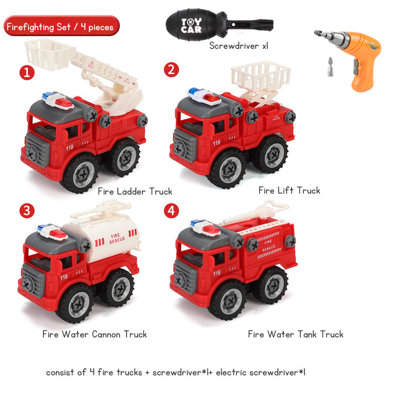 Children's Disassembly and Assembly Toy Car with Electric Screwdriver Screw Toy Engineering Vehicles Fire Trucks Police