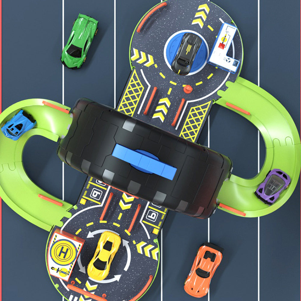 Kids Tire Track Parking Lot Toy – Car Playset with Manual Elevator | Portable Birthday Gift for Boys