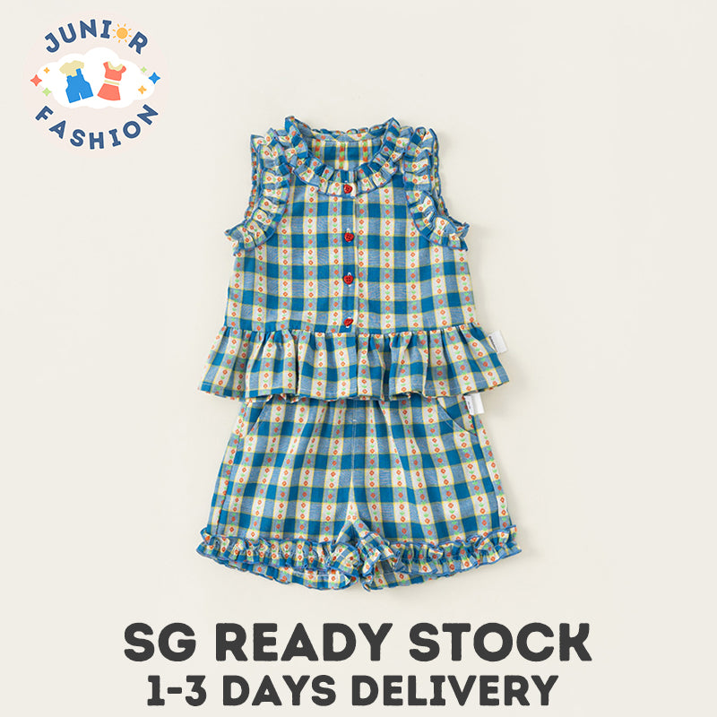 Baby Girl Clothes Set Blue Plaid Top and Shorts Summer Sleeveless Flower Neckline 2-6Y