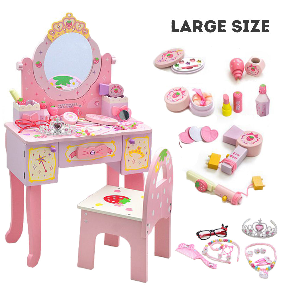 Kids Wooden Dressing Table & Chair Set – Pretend Play Vanity with Mirror & Drawer for Girls