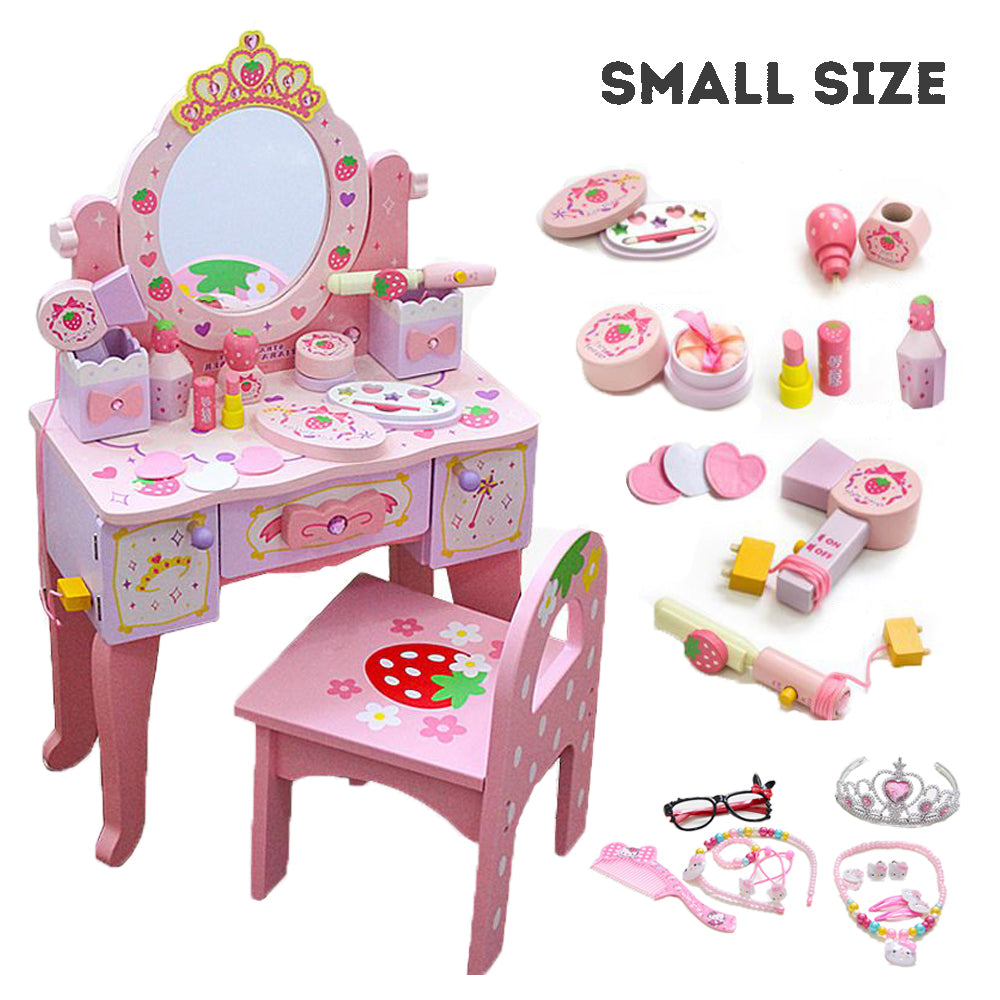 Kids Wooden Dressing Table & Chair Set – Pretend Play Vanity with Mirror & Drawer for Girls
