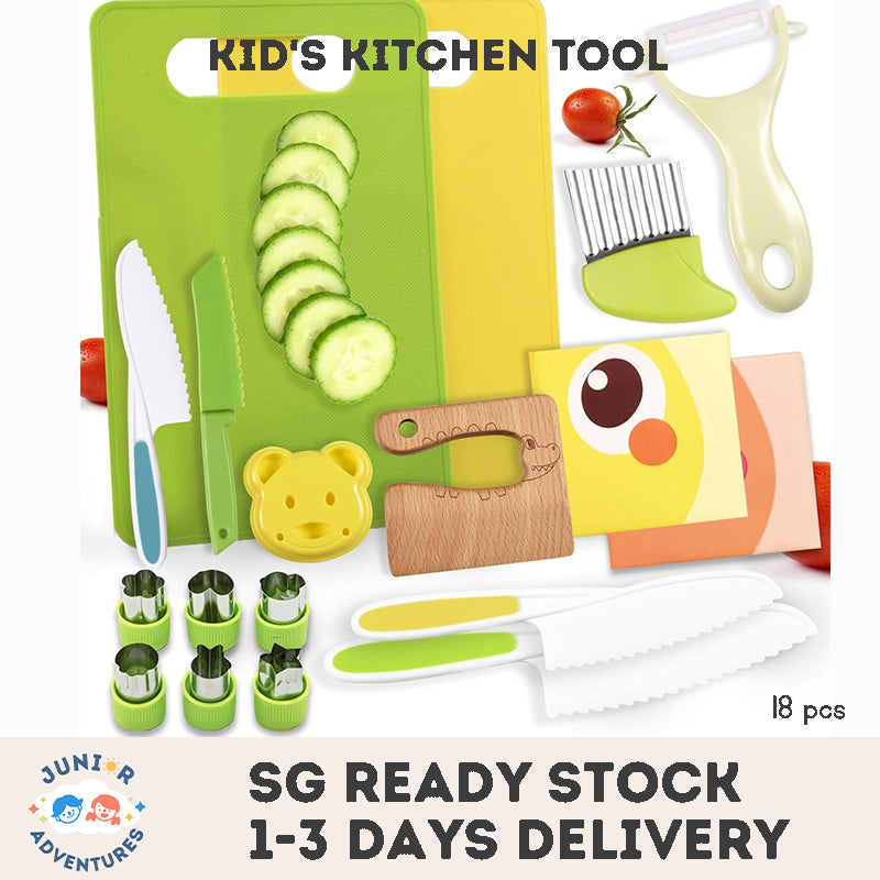 18-Piece kid's Kitchen Tool Cooking and Baking Toy Plastic Safety Knife Cutting Board Kit
