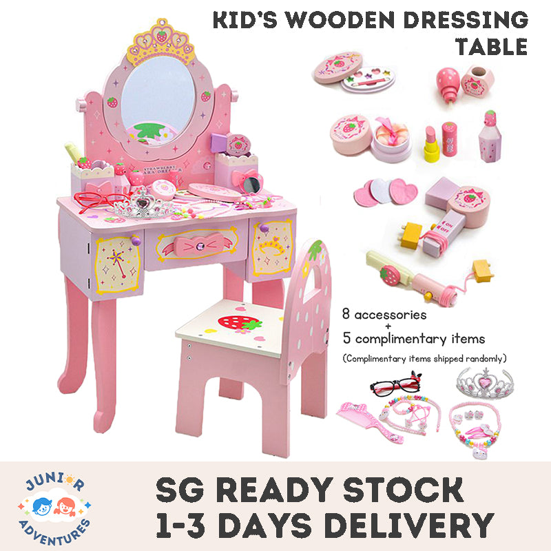 Kids Wooden Dressing Table & Chair Set – Pretend Play Vanity with Mirror & Drawer for Girls