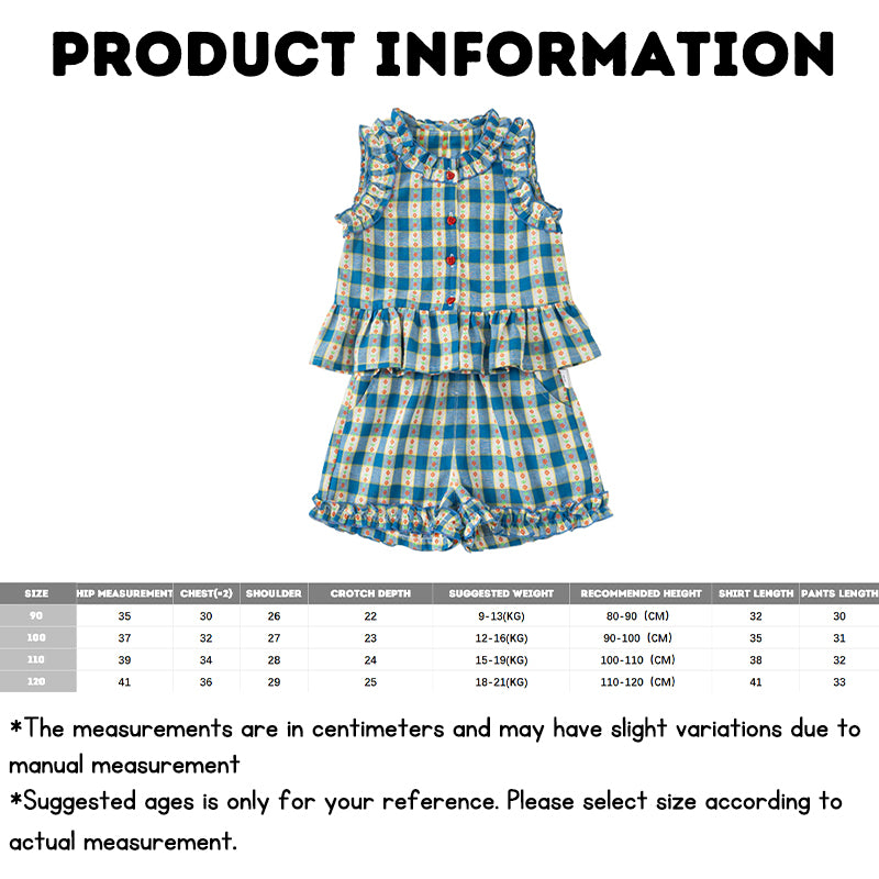 Baby Girl Clothes Set Blue Plaid Top and Shorts Summer Sleeveless Flower Neckline 2-6Y