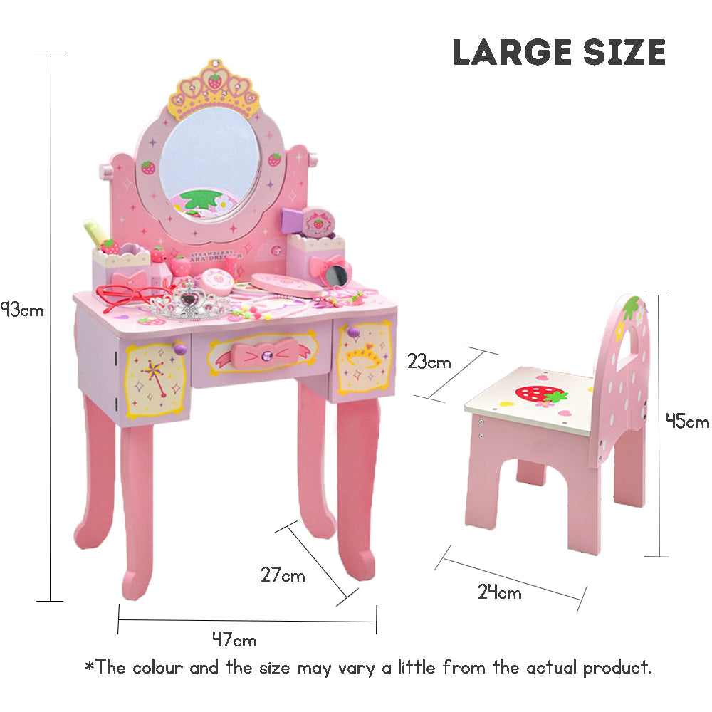 Kids Wooden Dressing Table & Chair Set – Pretend Play Vanity with Mirror & Drawer for Girls