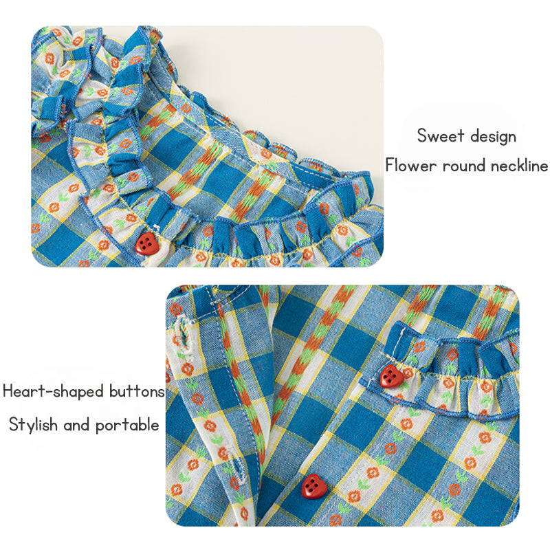 Baby Girl Clothes Set Blue Plaid Top and Shorts Summer Sleeveless Flower Neckline 2-6Y