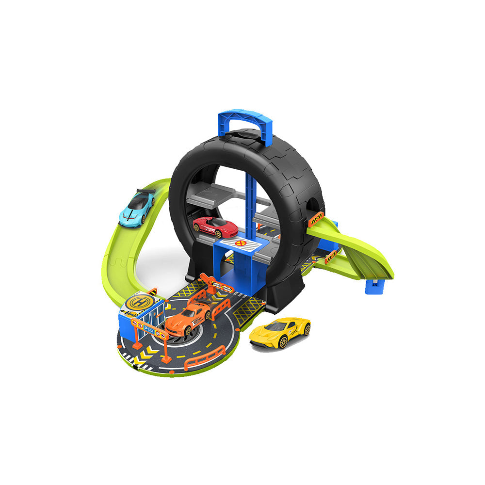 Kids Tire Track Parking Lot Toy – Car Playset with Manual Elevator | Portable Birthday Gift for Boys