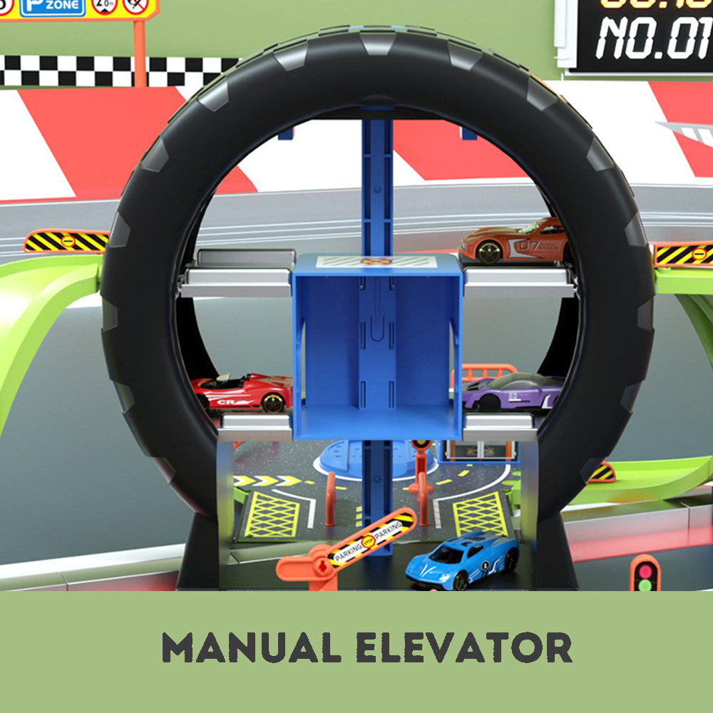 Kids Tire Track Parking Lot Toy – Car Playset with Manual Elevator | Portable Birthday Gift for Boys