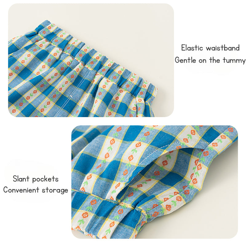Baby Girl Clothes Set Blue Plaid Top and Shorts Summer Sleeveless Flower Neckline 2-6Y