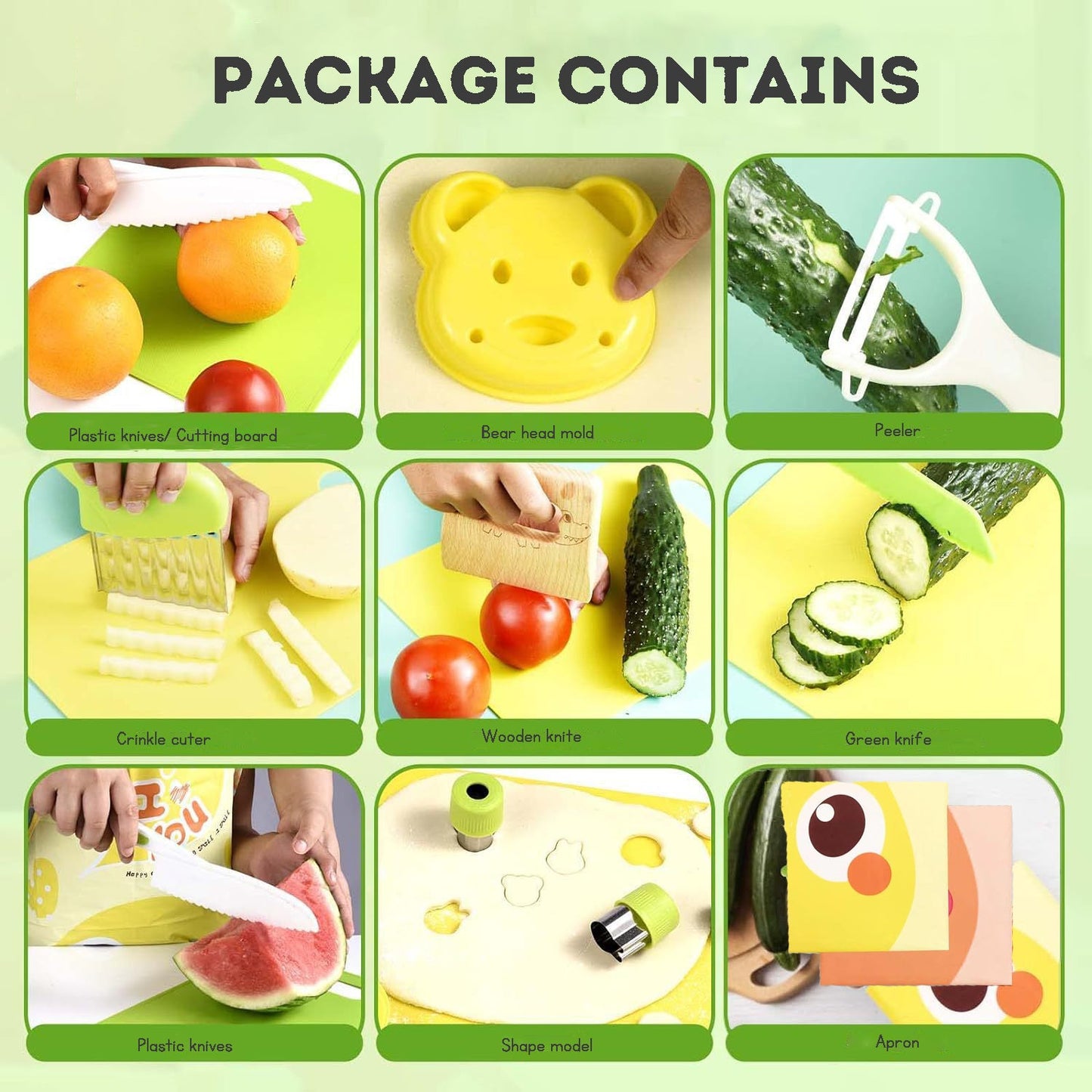 18-Piece kid's Kitchen Tool Cooking and Baking Toy Plastic Safety Knife Cutting Board Kit