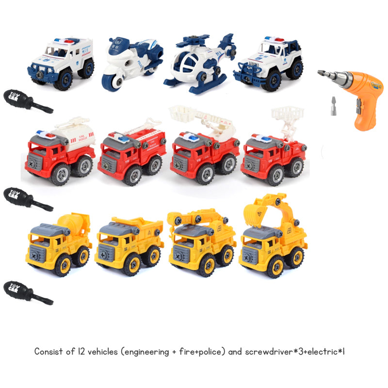 Children's Disassembly and Assembly Toy Car with Electric Screwdriver Screw Toy Engineering Vehicles Fire Trucks Police