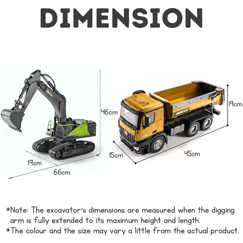 RC Excavator and Dump Truck Dimension