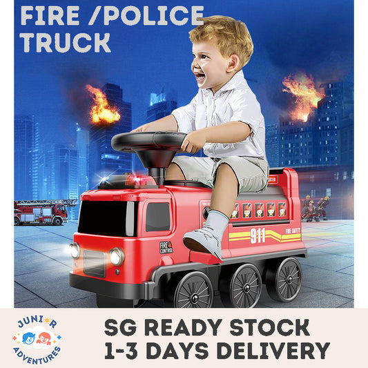 Multifunctional 2-in-1 Ride-On Toy – Simulated Fire Truck and Police Car with Lights, Music & Sound Effects