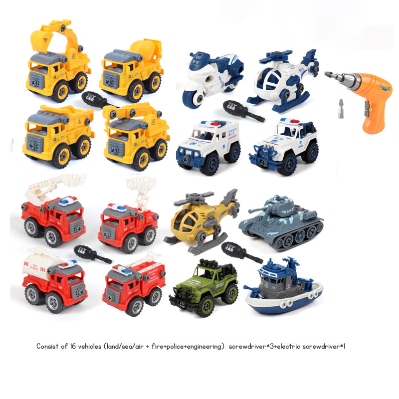 Children's Disassembly and Assembly Toy Car with Electric Screwdriver Screw Toy Engineering Vehicles Fire Trucks Police