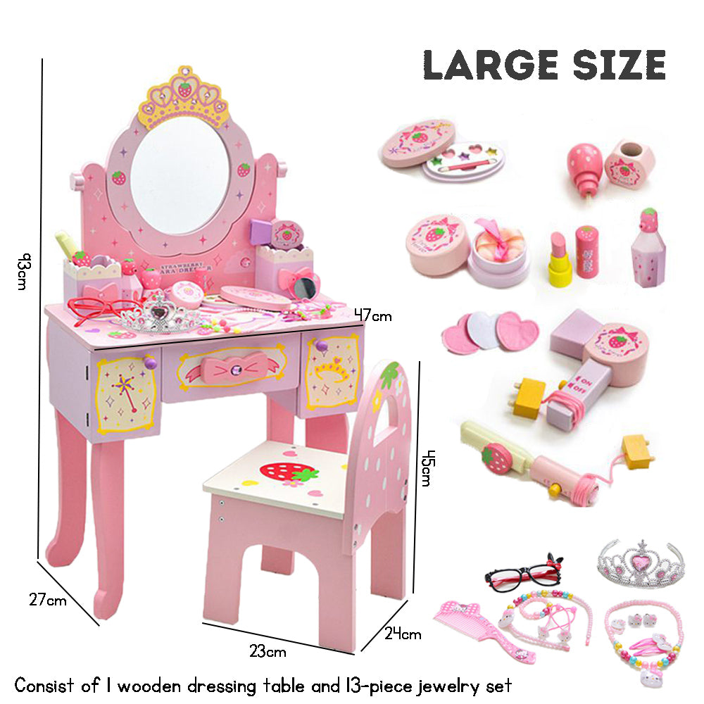 Kids Wooden Dressing Table & Chair Set – Pretend Play Vanity with Mirror & Drawer for Girls