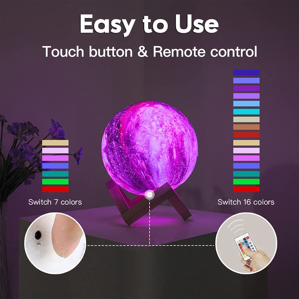 3D Galaxy Moon Lamp – 5.9-Inch LED Moon Light with 16 Colors, Remote & Touch Control | Star Night Light for Kids & Home Decor