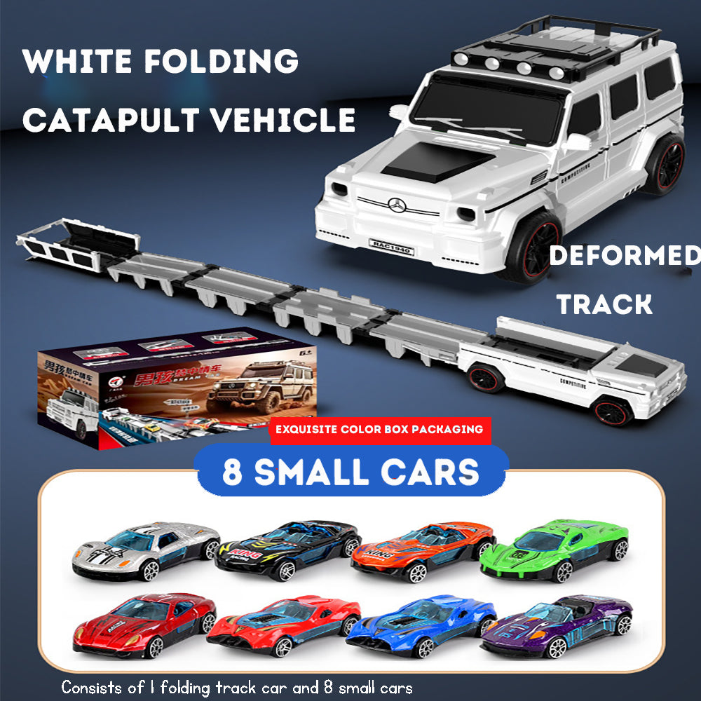 Transforming Car Transporter Toy with 1.2m Track and 8 Mini Vehicles for Kids
