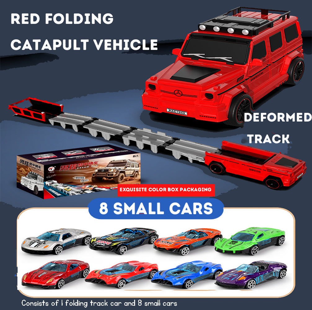 Transforming Car Transporter Toy with 1.2m Track and 8 Mini Vehicles for Kids