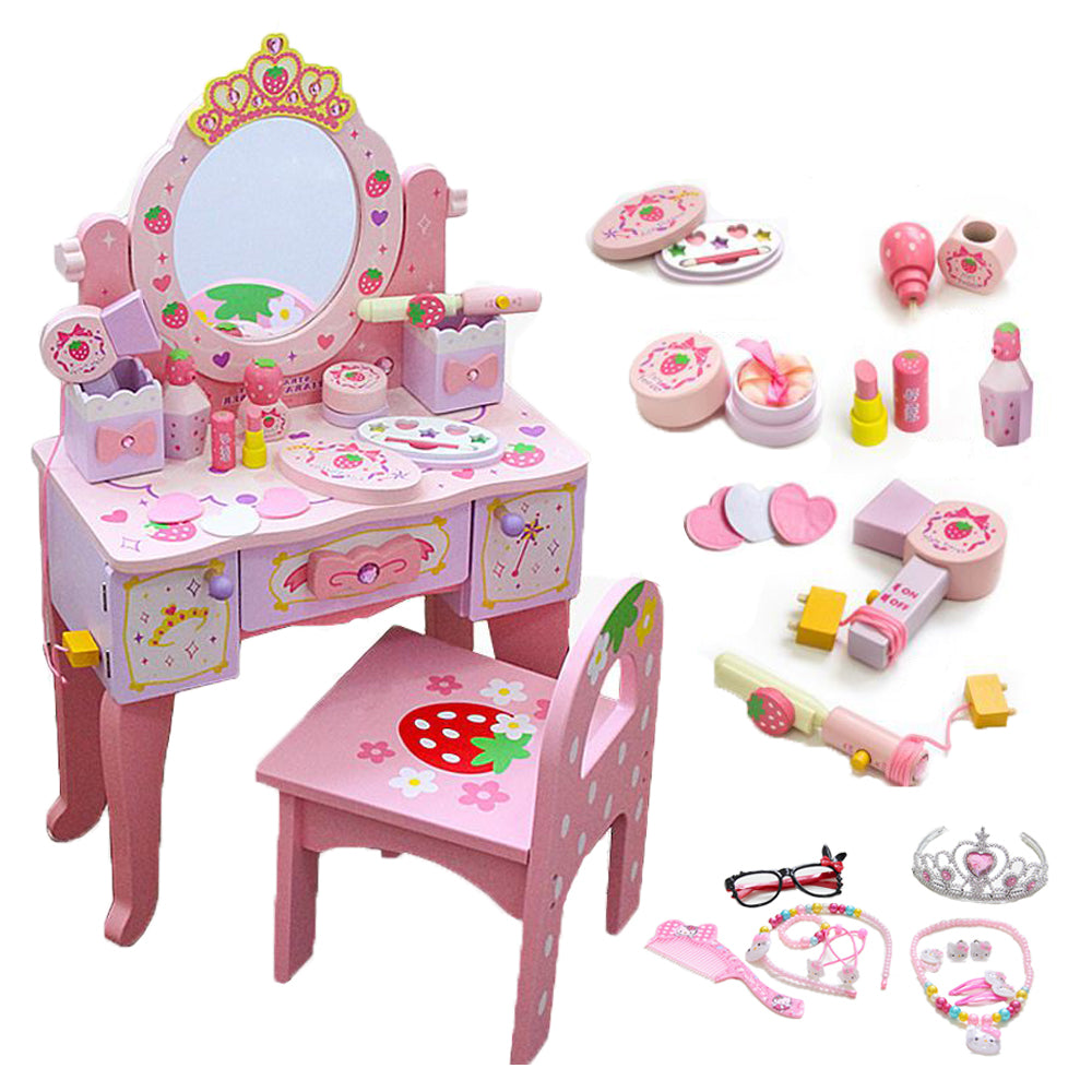 Kids Wooden Dressing Table & Chair Set – Pretend Play Vanity with Mirror & Drawer for Girls