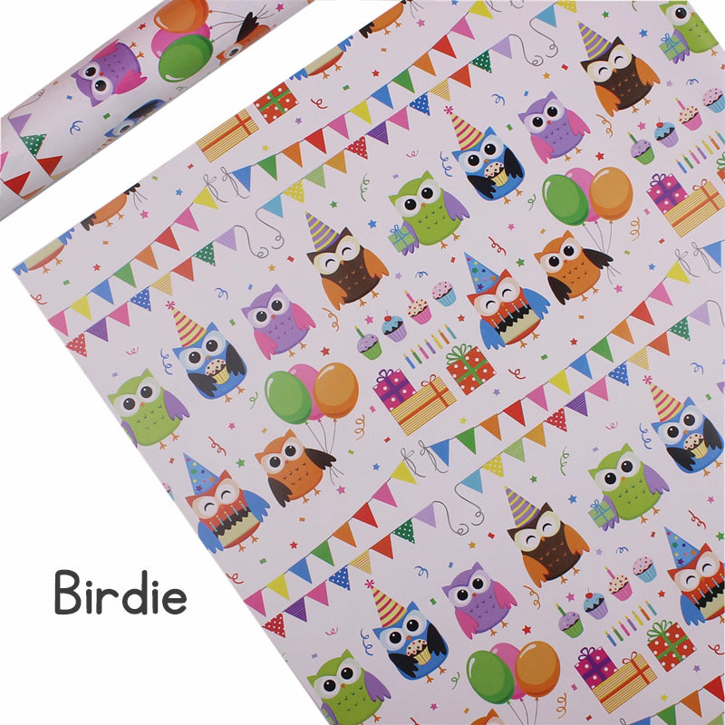 Gift wrapping service with cartoon birthday present wrapping paper sheets, kindergarten craft paper