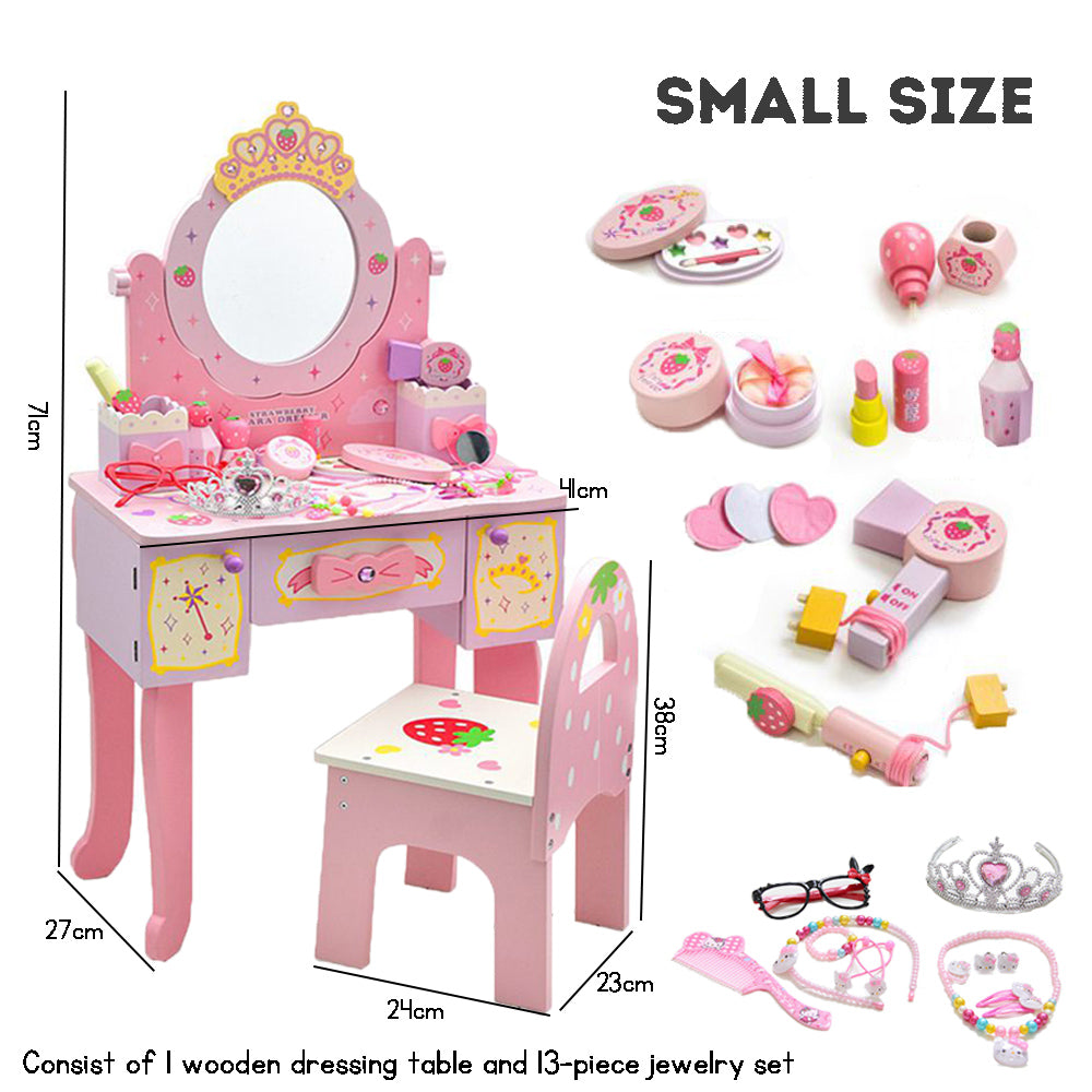 Kids Wooden Dressing Table & Chair Set – Pretend Play Vanity with Mirror & Drawer for Girls