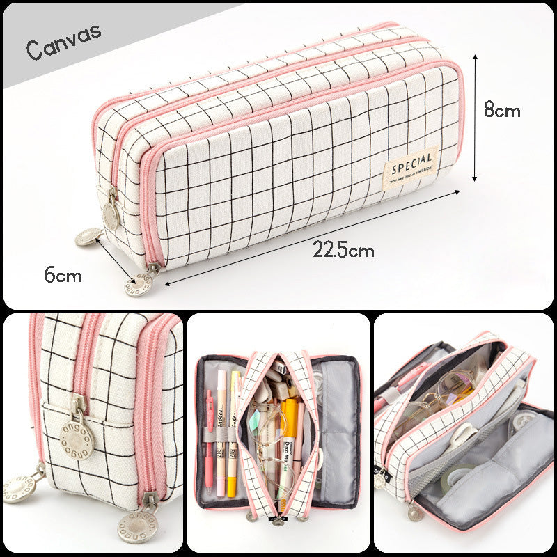 Multiple styles of minimalist solid-colored candy-colored large capacity stationery cases, creative student multi-functional canvas pencil cases that are washable.