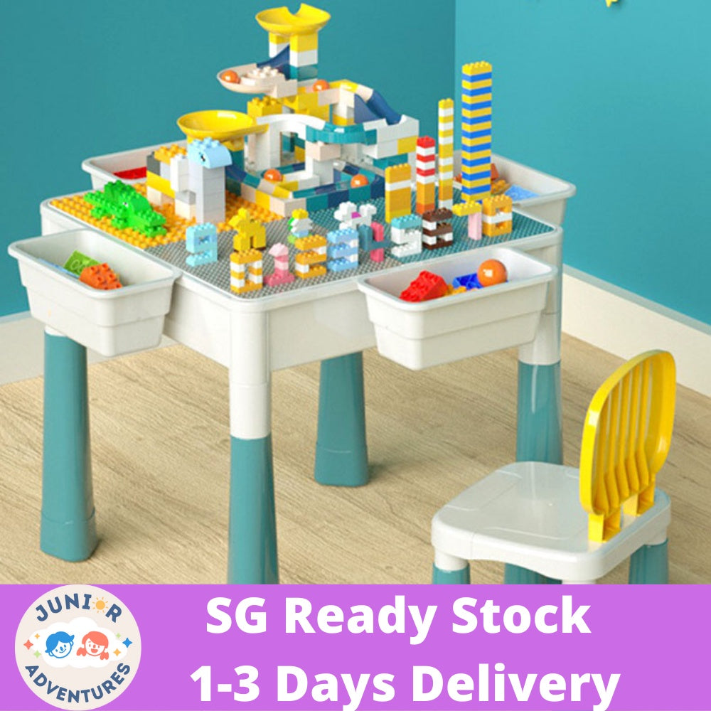 SG Delivery 5-in-1 Block Toy Table for Kids – Building Block Game Table, Study Desk, Storage, Dining & Sand Play Table