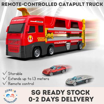 Remote Control Transport Truck Catapult Track Car Toy with Alloy Die-Cast Cars, Engineering Vehicle Racing Toy for Boys