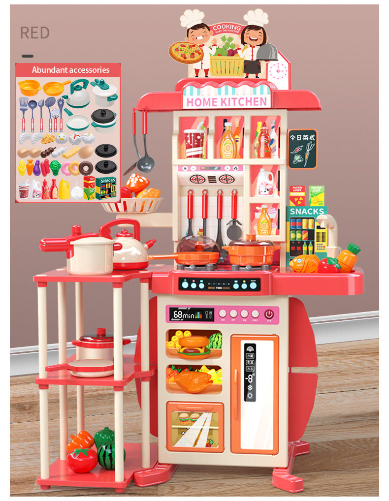 Play Kitchen with Realistic Lights & Sounds, Simulation of Spray, Play Sink with Running Water, Dessert Shelf Toy