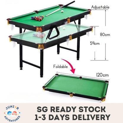 Children's 120cm Height-Adjustable Folding Mini Pool Table, Home Miniature Kids Billiard Table with Cue, Intellectual Toy Gift.