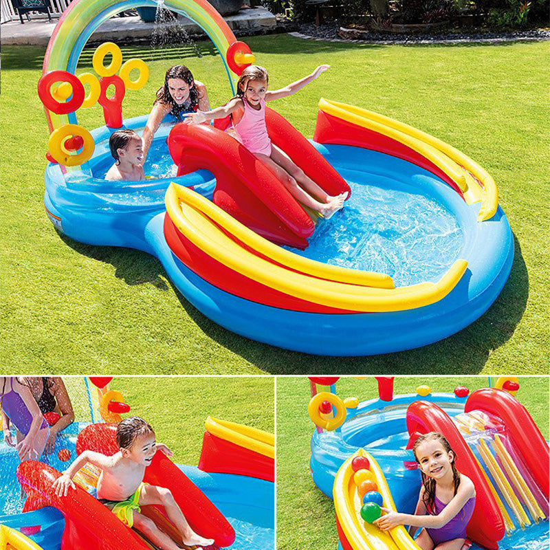 Round Inflatable Crocodile Pool with Kid's Slide Outdoor Play Pool Swimming Pool and Ocean Ball Pit