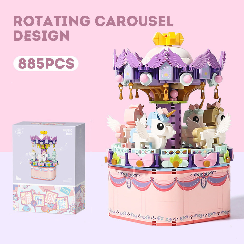 Kids Music Box Building Block Set Carousel Mini Blocks Rotating Musical Box Girl's Birthday New Year Gift