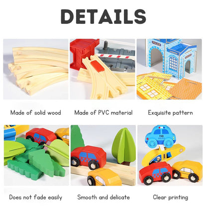 Children's Wooden Toy Train Track Set for a Virtual Traffic City, Educational Puzzle Early Learning Toy Kit