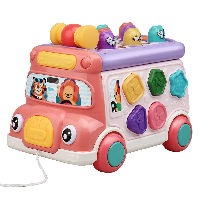 Cartoon Bus Whac-a-Mole: Multi-mode, Bilingual Switching, Puzzle Type Early Learning Toy Car with Pulling Function