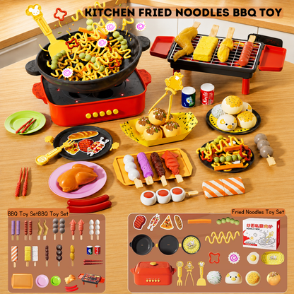 Kids Fried Noodle Cooking Toy & Pretend Play Barbecue Set with Light, Sound, Simulated Spray, Kitchen Toy Food Playset