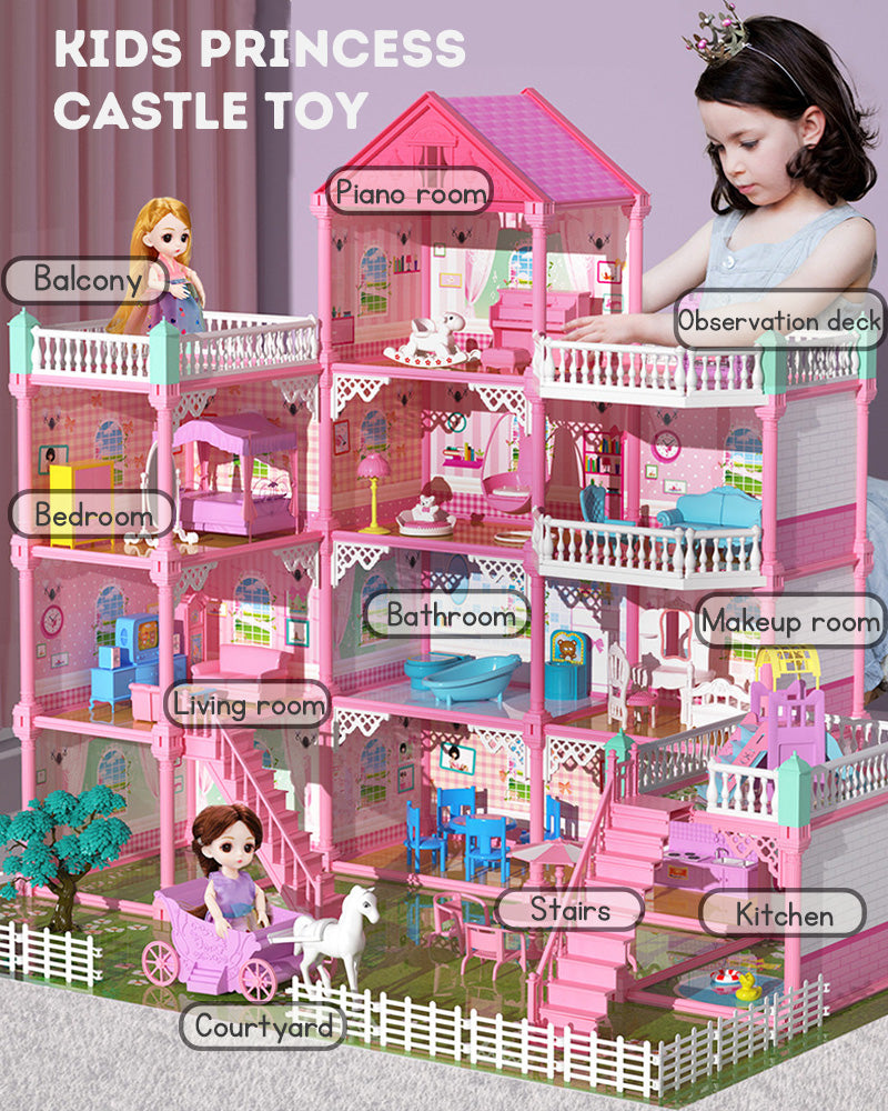 Princess Castle Dollhouse Building Playset, Pink Princess Castle Playhouse with Dolls, Furniture, Accessories, Pretend