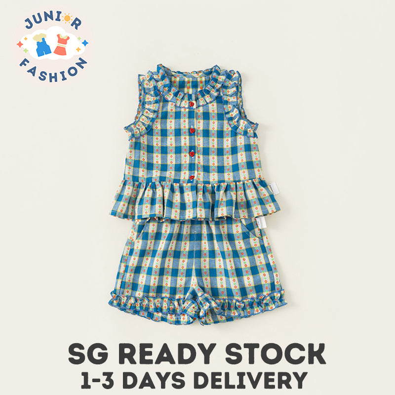 Baby Girl Clothes Set Blue Plaid Top and Shorts Summer  Sleeveless Flower Neckline 2-6Y