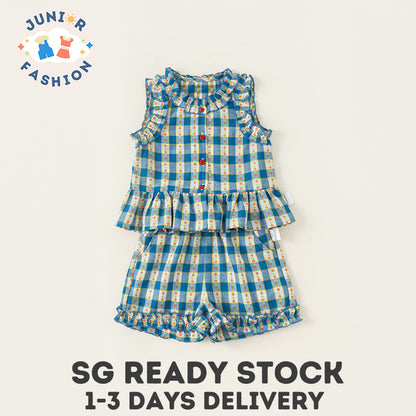 Baby Girl Clothes Set Blue Plaid Top and Shorts Summer  Sleeveless Flower Neckline 2-6Y