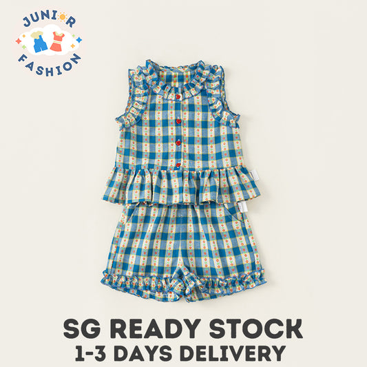 Baby Girl Clothes Set Blue Plaid Top and Shorts Summer  Sleeveless Flower Neckline 2-6Y