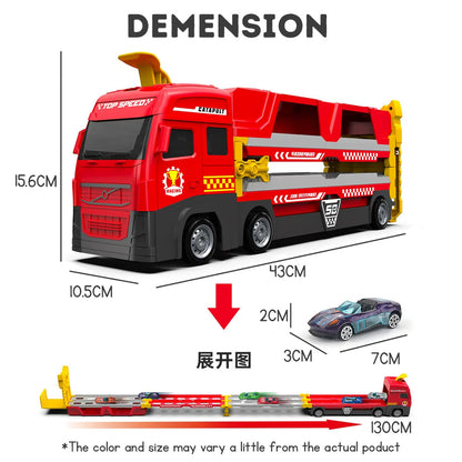 Remote Control Transport Truck Catapult Track Car Toy with Alloy Die-Cast Cars, Engineering Vehicle Racing Toy for Boys