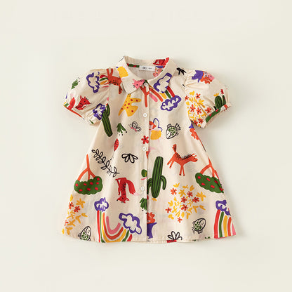 Polo Collar Cartoon Print Dress - 2023 Summer New Arrival Girls' Beach Play Dress