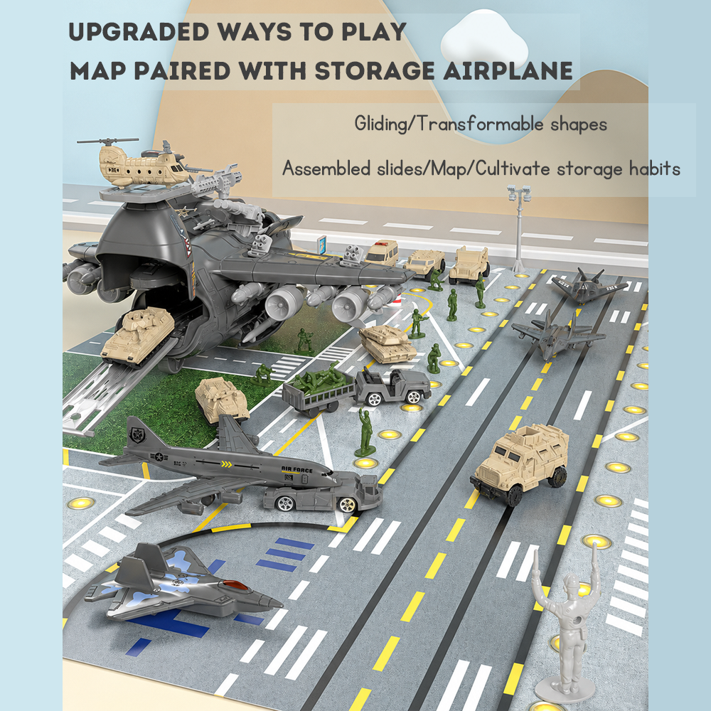 Detachable Military Aircraft Army Base Storage Playset with Action Figures, Tank, Helicopter, Toy Car, Airplane Toy, Vehicles, Accessories and Game Map
