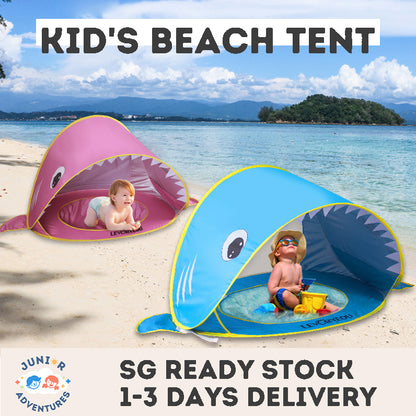 Children's Adorable Shark Beach Sunshade Tent, Fully Automatic Quick Setup, Easy Portable, Parent-Child Seaside Rest and Play House with Small Pool