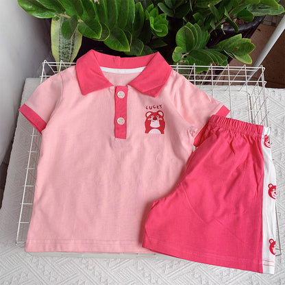 Boys' and girls' fashionable two-piece set, trendy and cute polo collar short sleeve suit for the 2023 summer season.