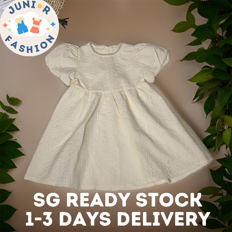 Girl's Dress 2023 Summer New Cute Pearl Collar Bubble Sleeves Beige Princess Dress